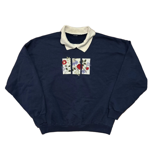 Navy Blue Flowers Floral White Collared Crewneck Sweatshirt - Boxy Large - 23" x 23"