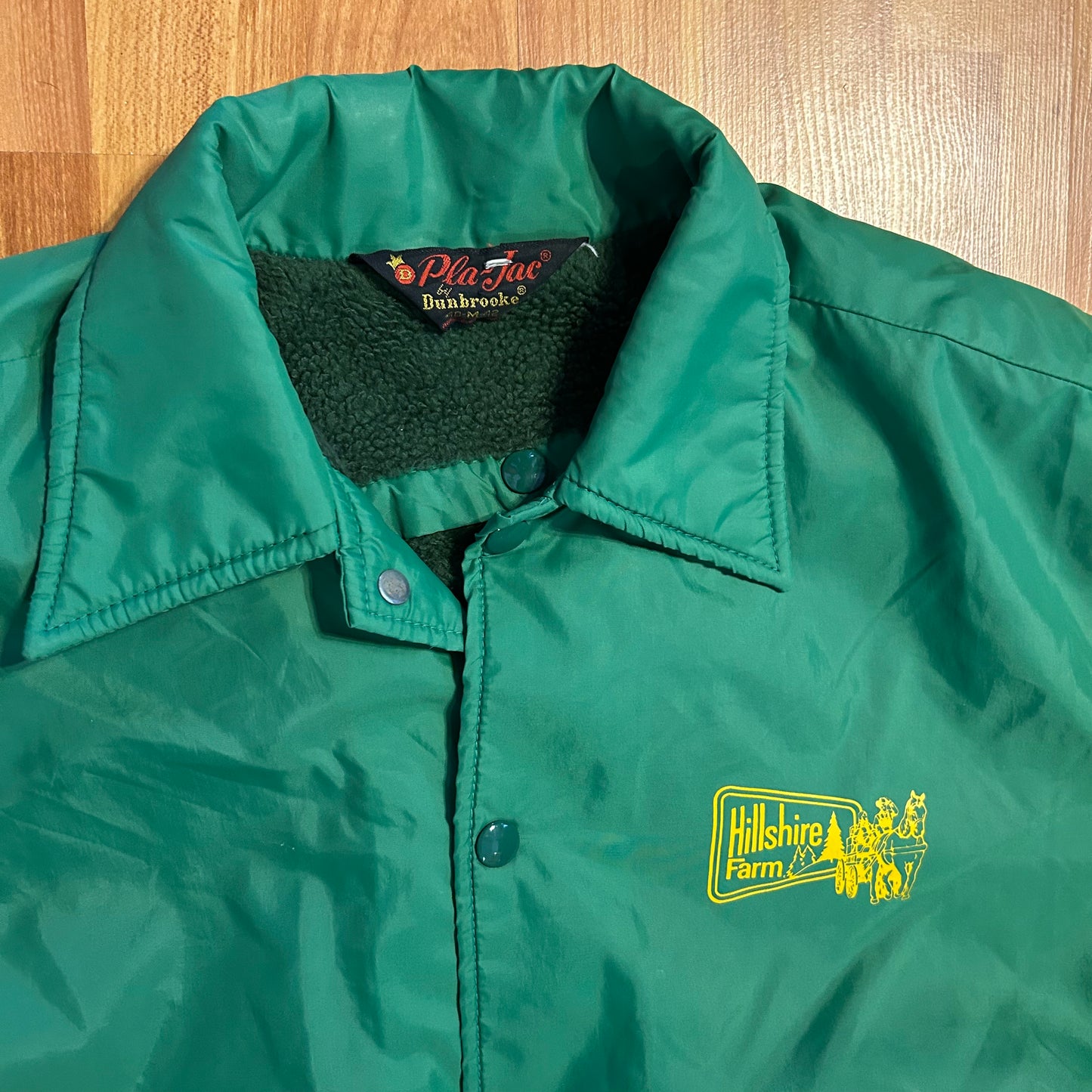 70/80's Pla Jac Dunbrooke Fleece Lined Hillshire Farm Green Button Up Nylon Windbreaker Jacket - Large - 22" x 27"