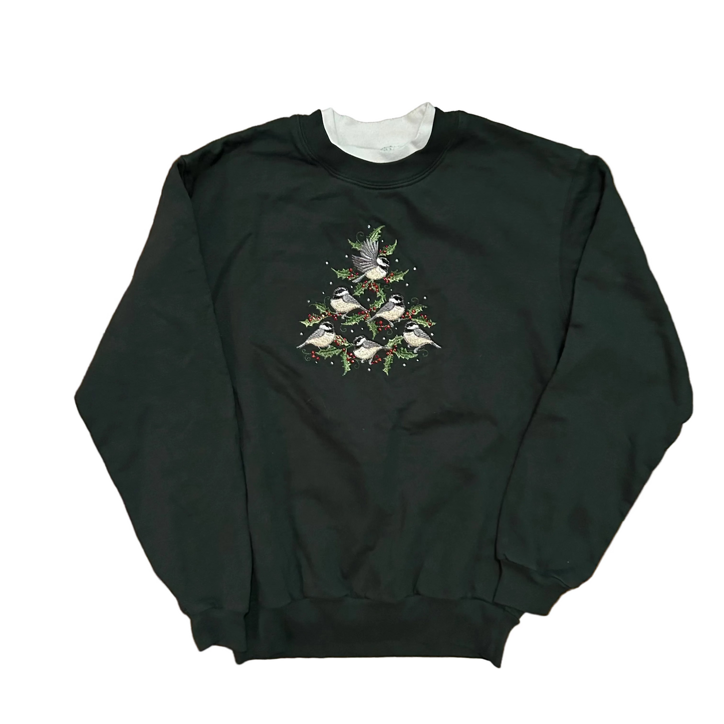 Green Bird Christmas Tree White Double Collared Crewneck Sweatshirt - Small - 19" x 24"