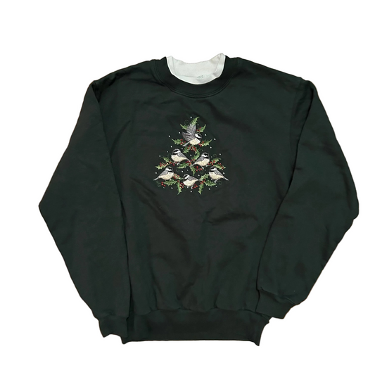 Green Bird Christmas Tree White Double Collared Crewneck Sweatshirt - Small - 19" x 24"