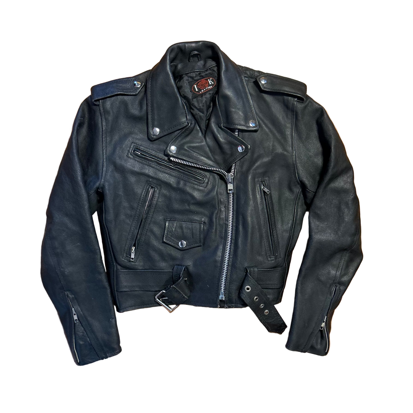 90's LK Leather Black Zip Up Biker Jacket - Small - 18" x 20"