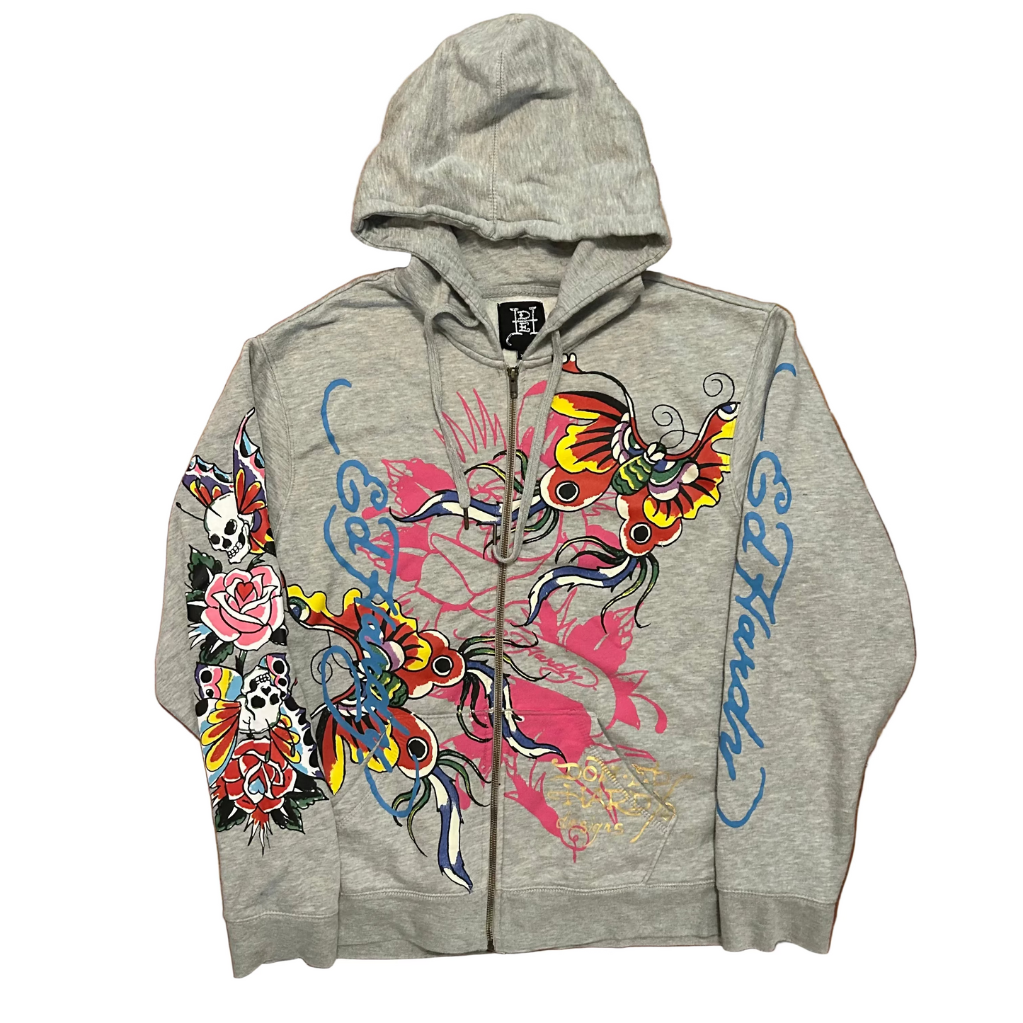 Ed Hardy Ed Pharty Grey Zip Up Hoodie Sweatshirt - Large - 23.5" x 28"