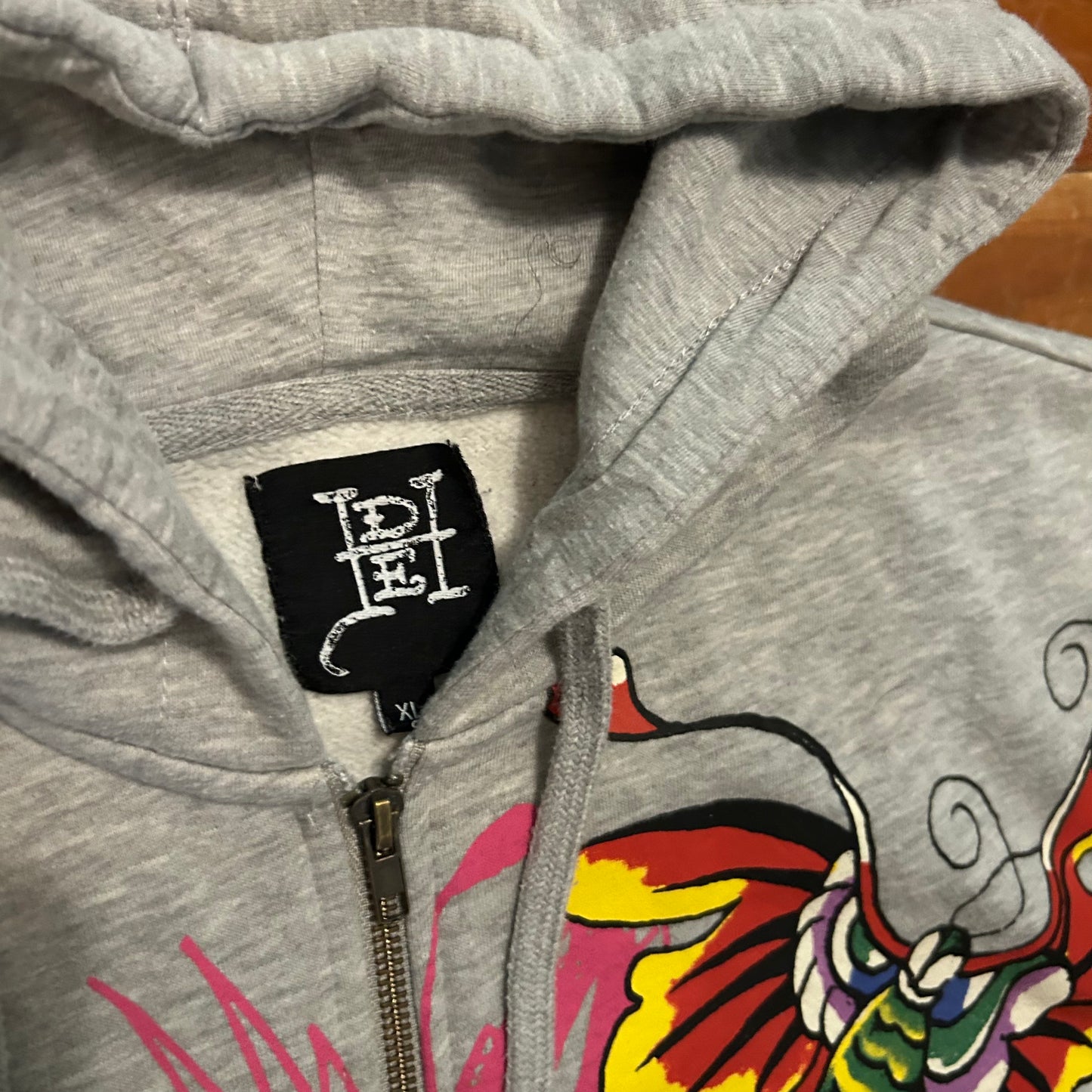 Ed Hardy Ed Pharty Grey Zip Up Hoodie Sweatshirt - Large - 23.5" x 28"