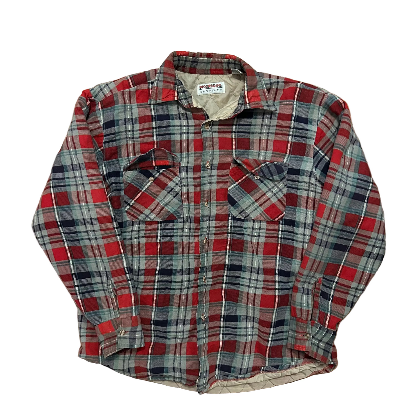 80/90's McGregor Bagpiper Red Grey Button Up Lined Shirt - XLarge - 24" x 28"