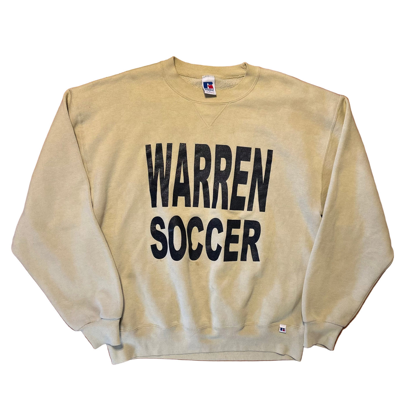 00's Russell Athletic Tan Cream Warren Soccer Crewneck Sweatshirt - Large - 23" x 26"