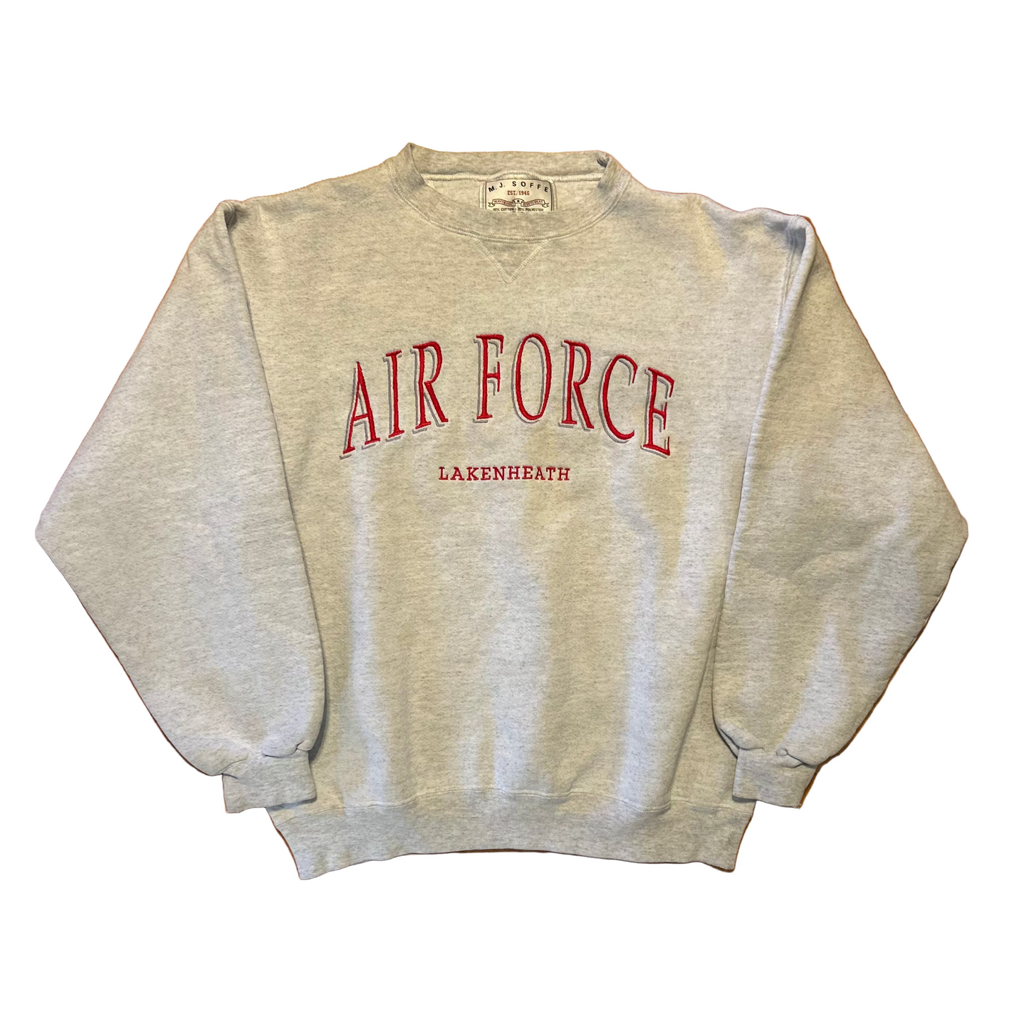 90's MJ Soffe Air Force Lakenheath Grey Red Crewneck Sweatshirt - Medium - 21" x 24.5"