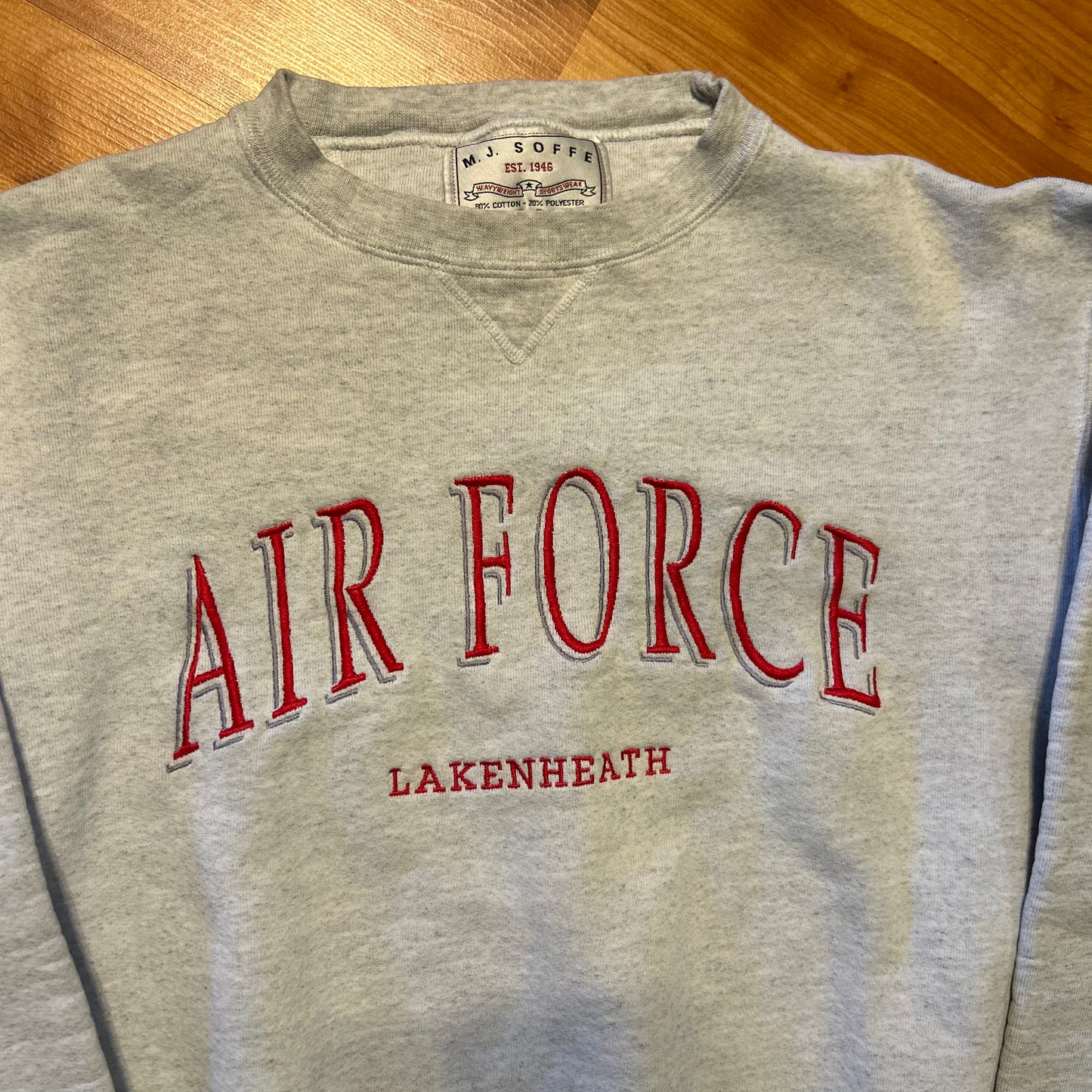 90's MJ Soffe Air Force Lakenheath Grey Red Crewneck Sweatshirt - Medium - 21" x 24.5"