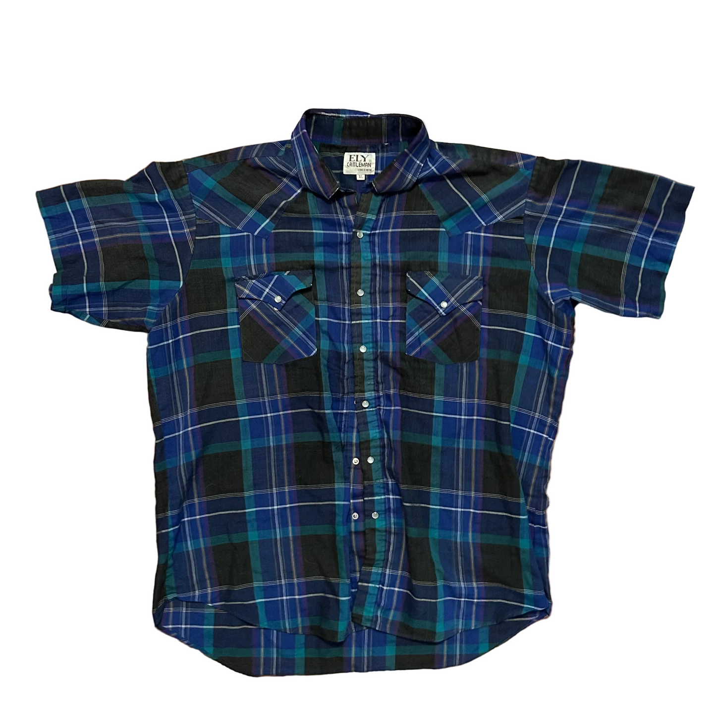 90's Ely Cattlemen Blue Purple Pearl Snap Button Up Western Short Sleeve Shirt - XLarge - 26" x 31"