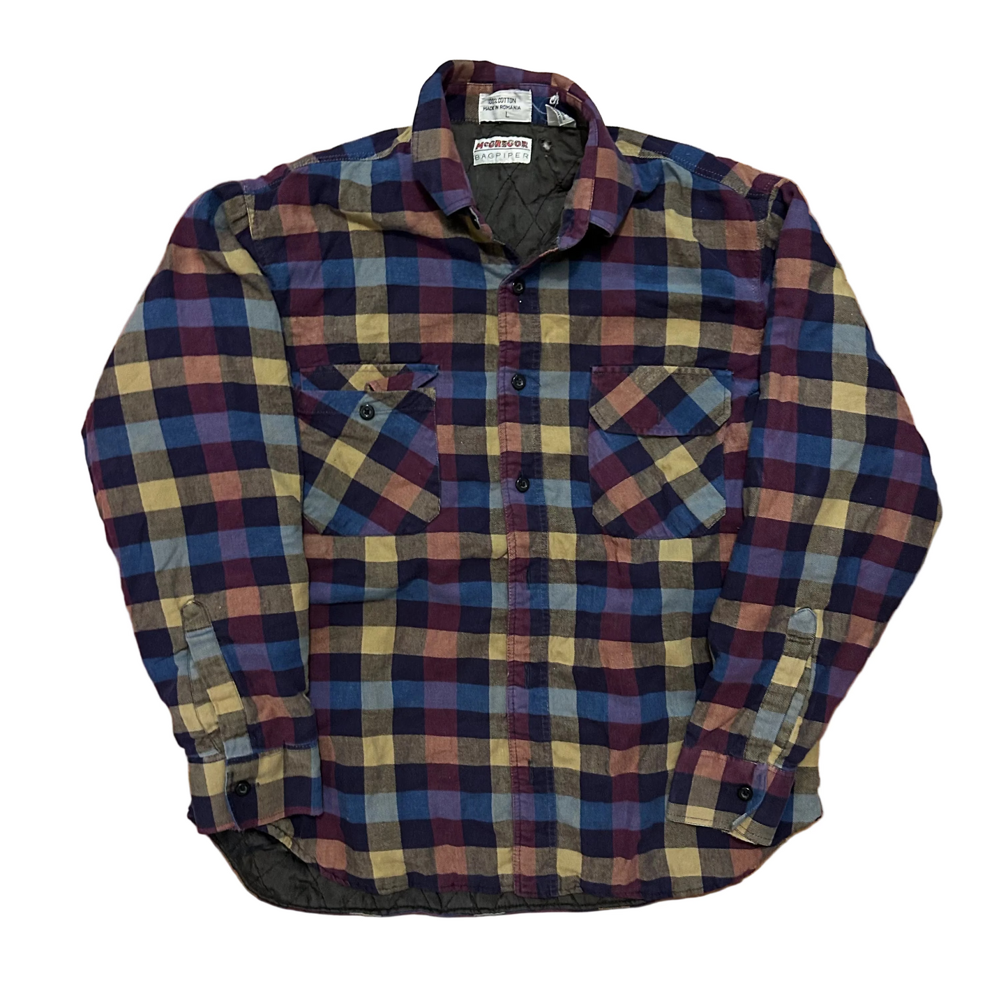80/90's McGregor Bagpiper Purple Tan Blue Button Up Lined Shirt - Large - 23.5" x 27"