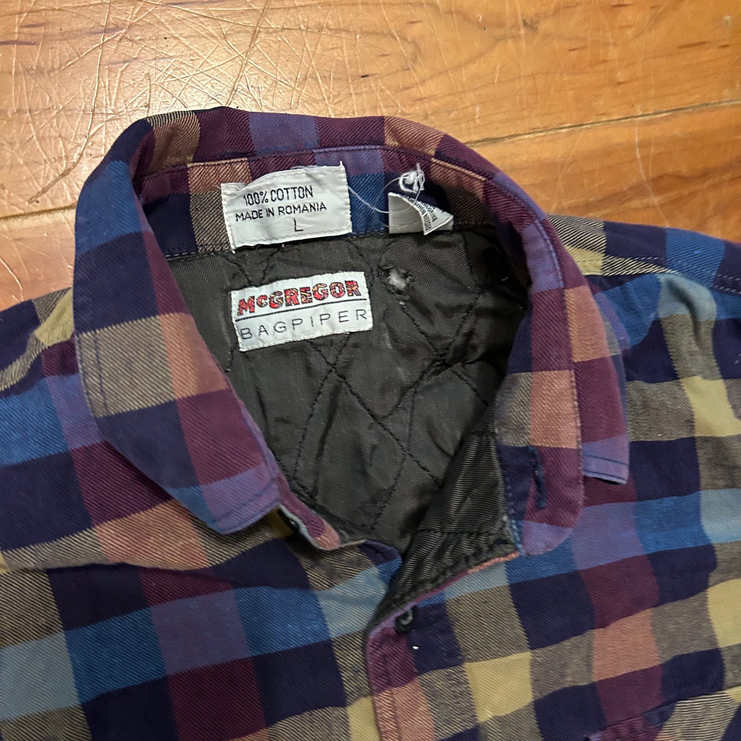 80/90's McGregor Bagpiper Purple Tan Blue Button Up Lined Shirt - Large - 23.5" x 27"