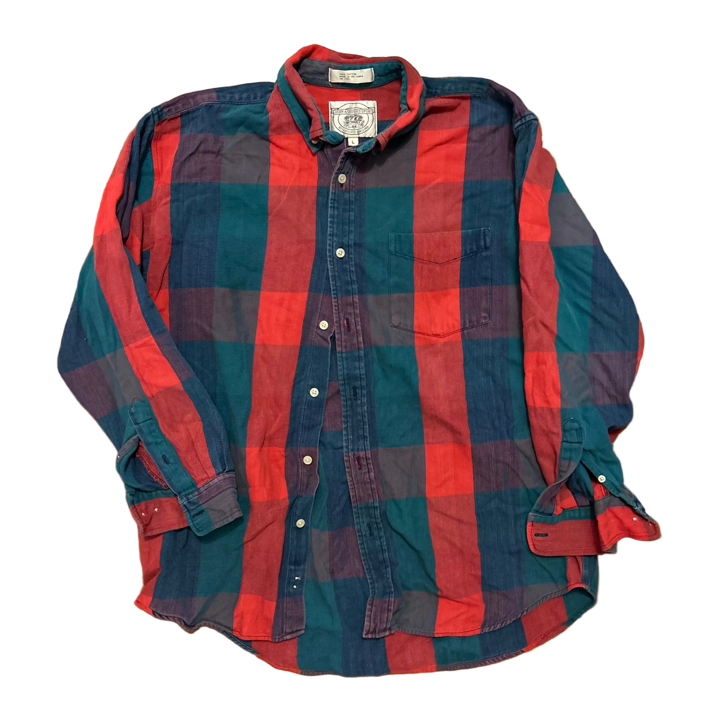 90’s John Ashford Button Up Collared Red Green Shirt - Large - 22" x 29.5"