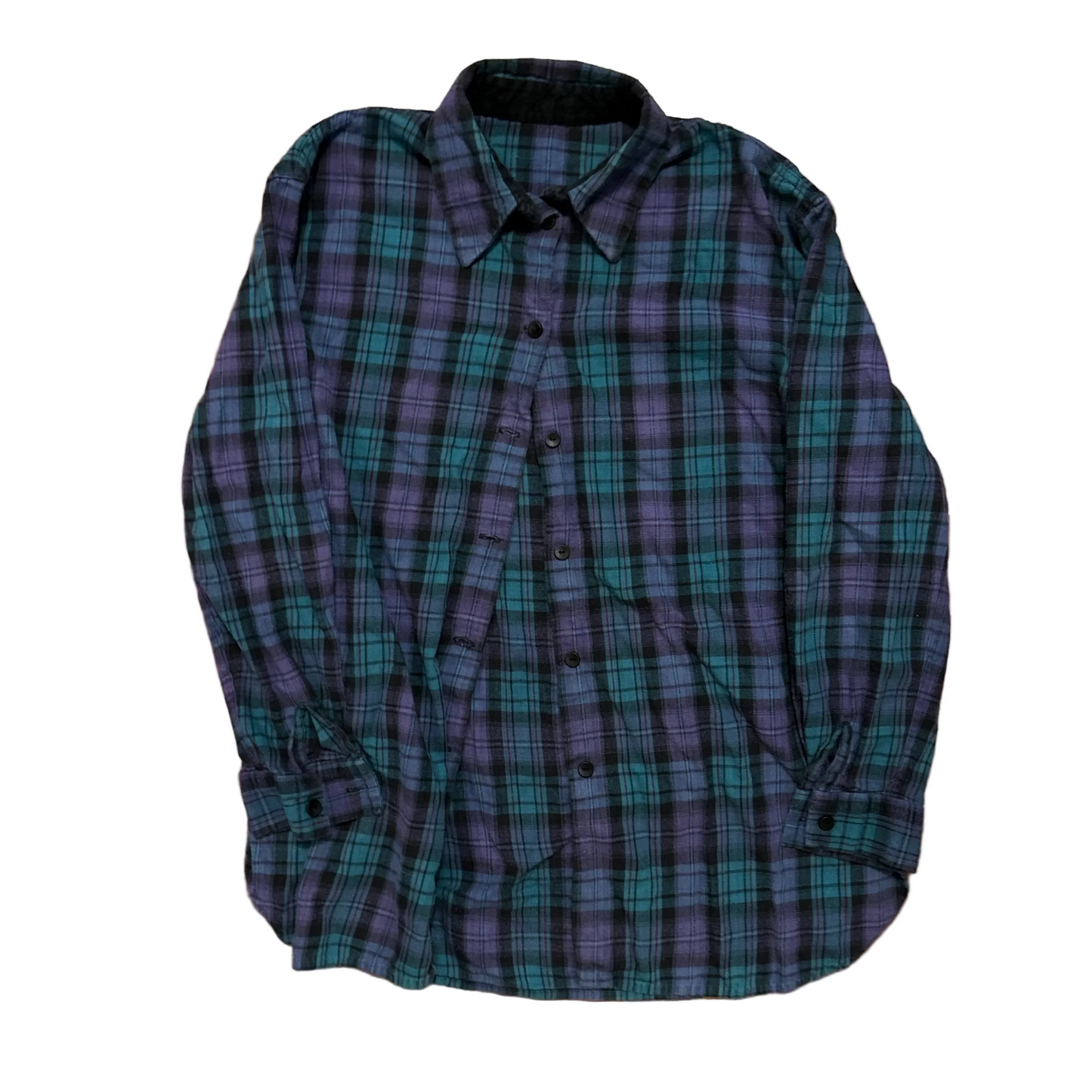 Purple Green Button Up Flannel Shirt - Large - 22" x 30.5"