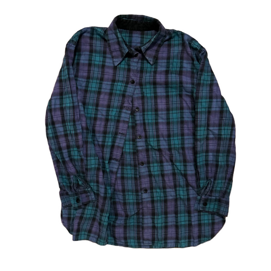 Purple Green Button Up Flannel Shirt - Large - 22" x 30.5"