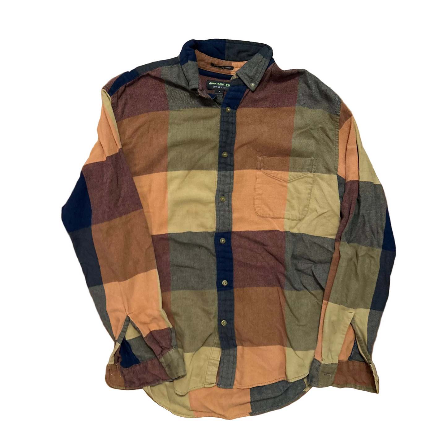 John Bartlett Blue Orange Tan Cotton Button Down Flannel Shirt - Medium - 21" x 29"