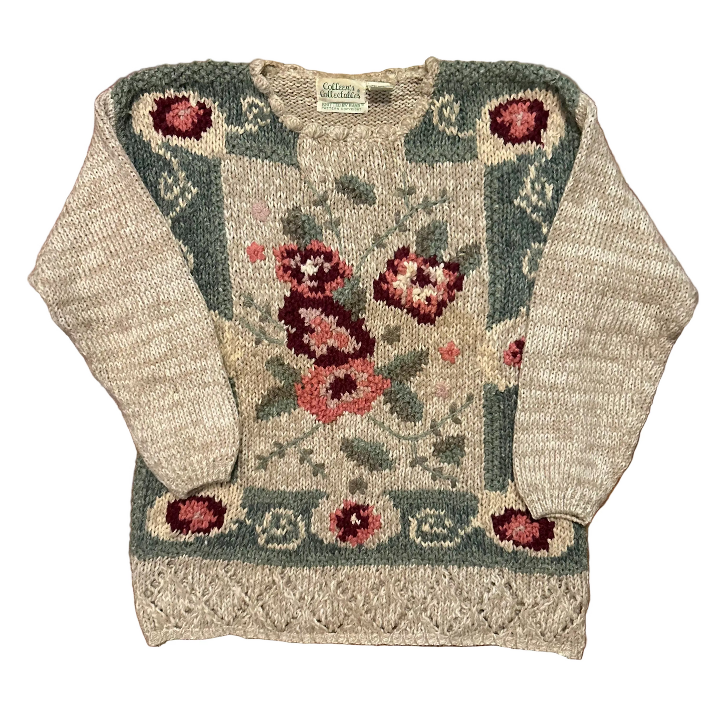 80/90's Colleen's Collectibles Tan Green Flower Handknit Ramie Acrylic Sweater - Medium - 21.5" x 27"