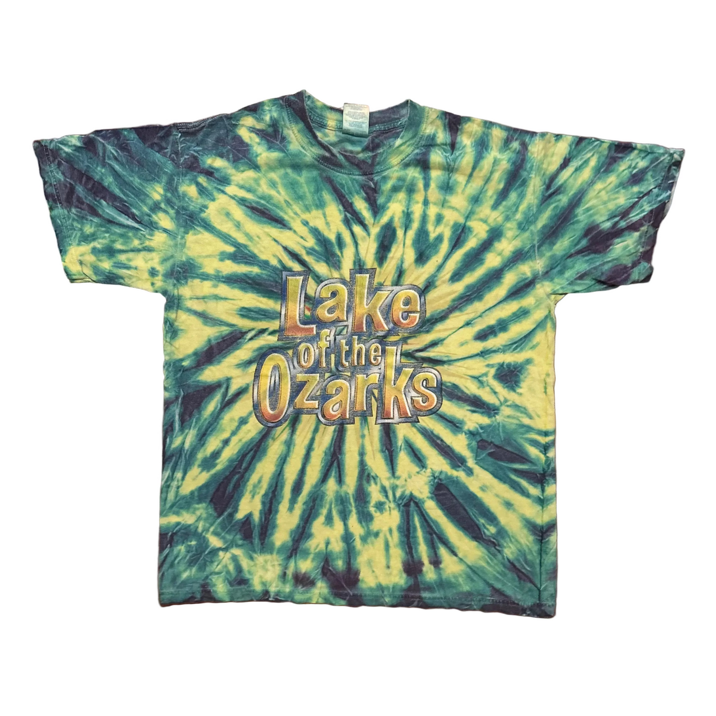 Gildan Heavy Cotton Lake of the Ozarks Green Yellow Tie Dye Tshirt - Medium - 20" x 26"