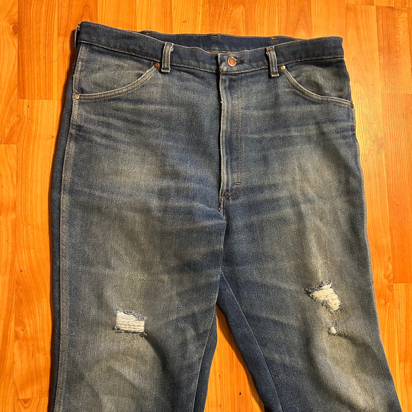 80's Distressed Dark Wash Cotton Poly Denim Jeans - 37" x 29"