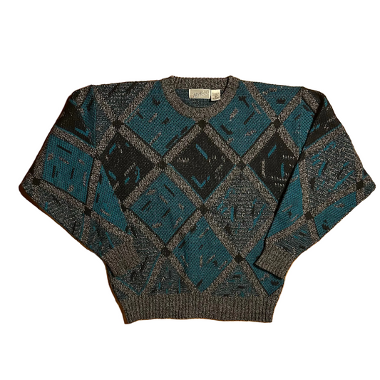 90’s Method Acrylic Wool Nylon Grey Teal Sweater - Large - 22.5" x 25"