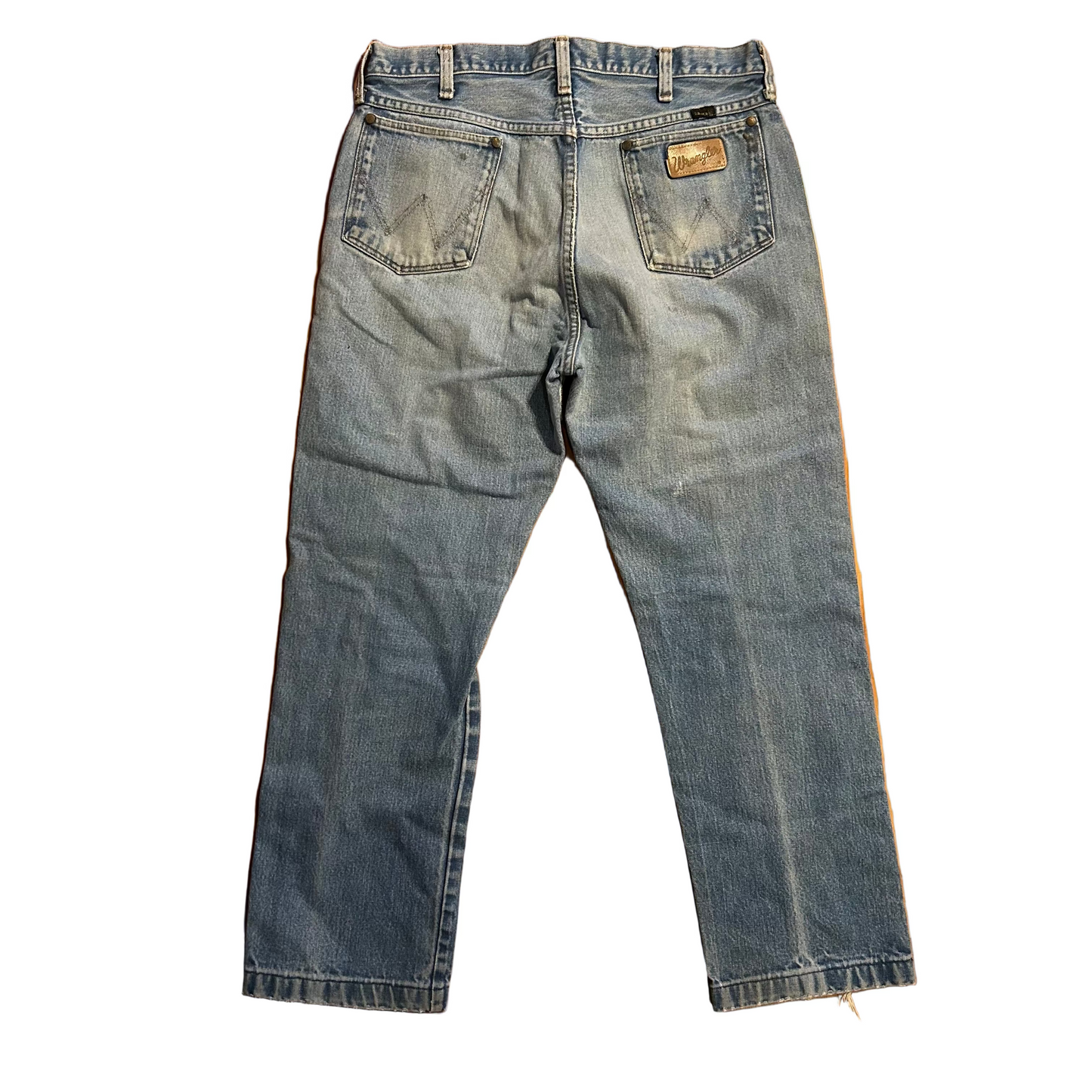 Wrangler 11MWZ Repaired Distressed Light Wash Denim Jeans - 33" x 27"