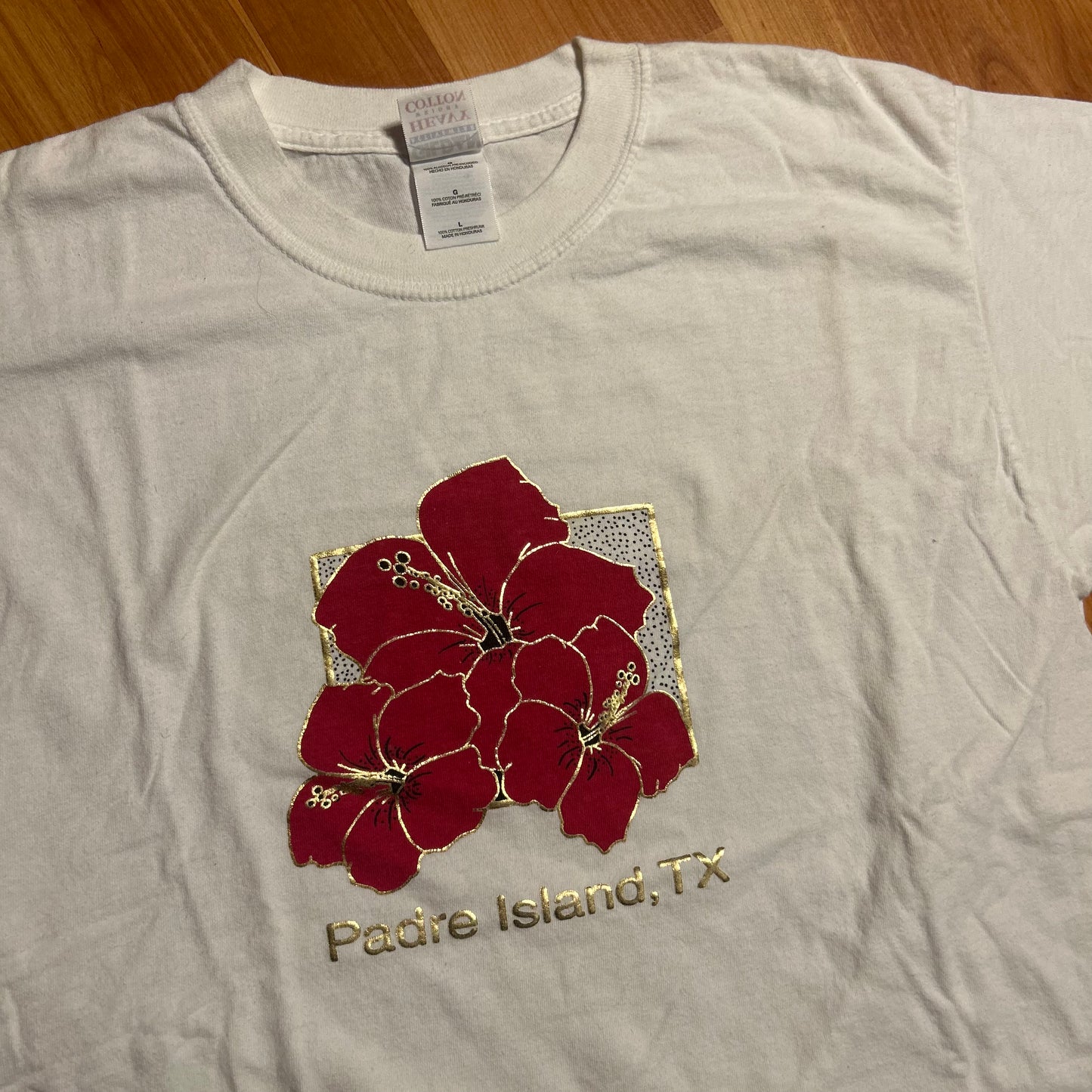 Gildan Ultra Cotton Padre Island Texas Flower White Tshirt - Medium - 21" x 28"