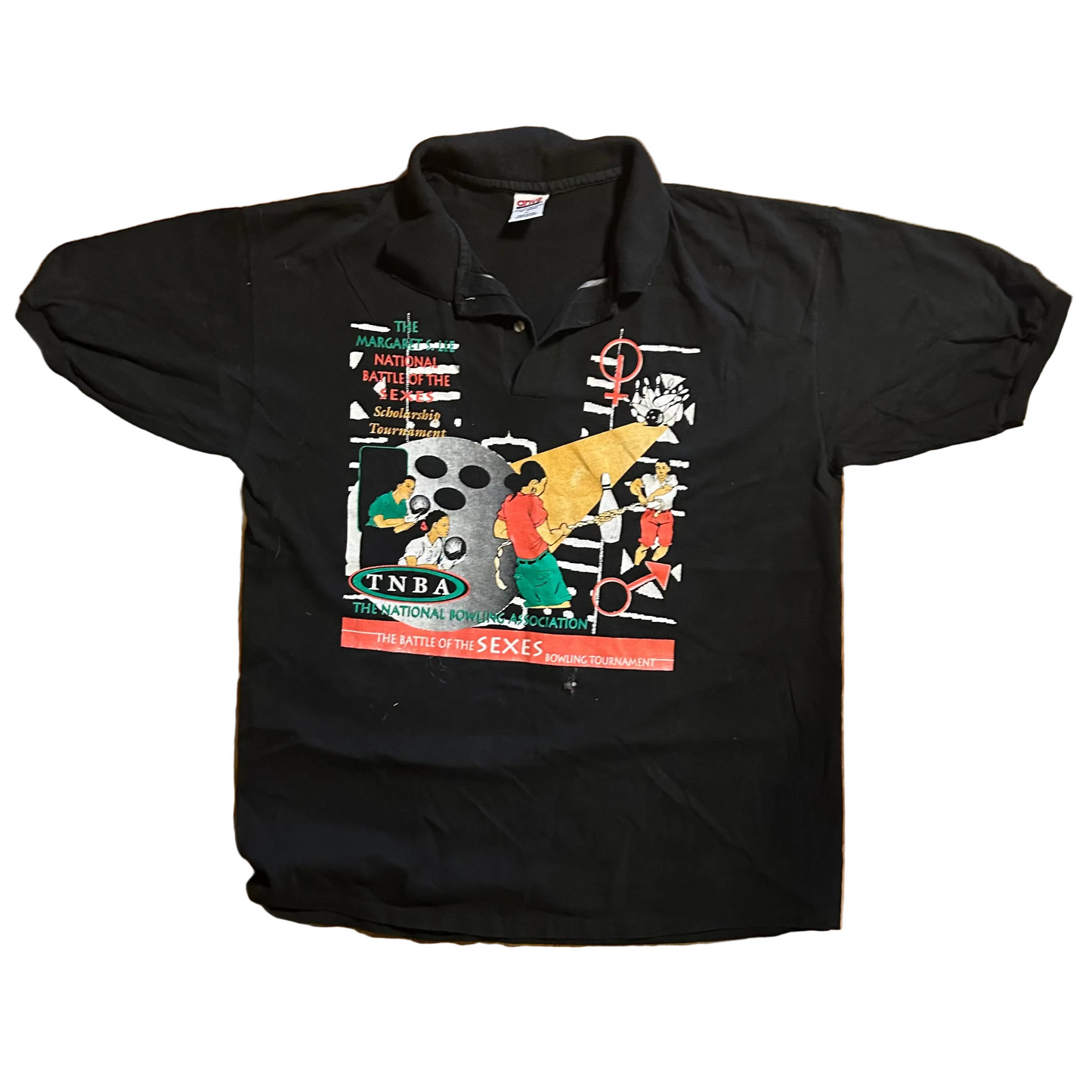 90’s Anvil Bowling Association Battle of the Sexes Black Polo Collared Tshirt - Large - 23" x 31.5"