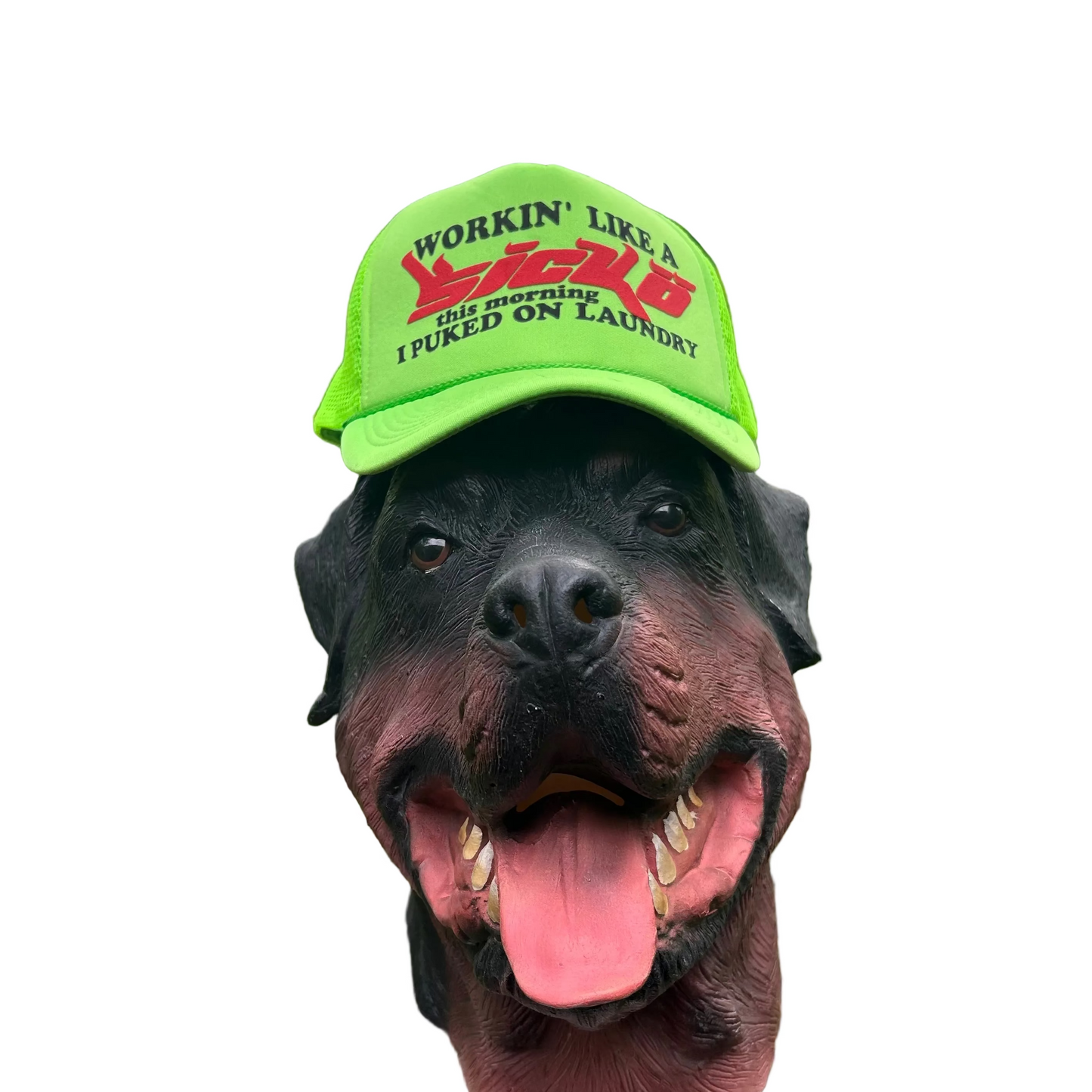Sicko Workin Like a Sicko this Morning I Puked On Laundry Neon Green Decky Trucker Hat