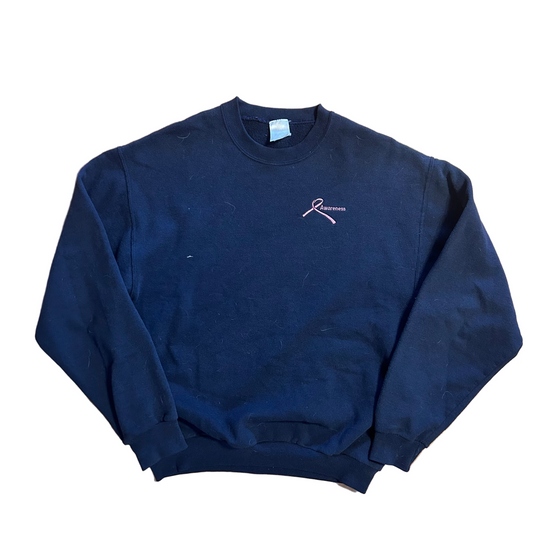 Breast Cancer Awareness Pink Ribbon Navy Blue Crewneck Sweatshirt - Medium - 21" x 25.5"
