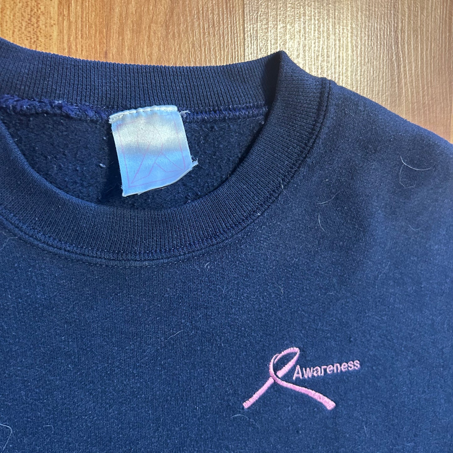Breast Cancer Awareness Pink Ribbon Navy Blue Crewneck Sweatshirt - Medium - 21" x 25.5"
