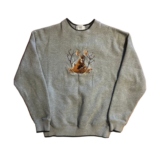 Deer Buck Grey Embroidered Crewneck Sweatshirt - Medium - 20" x 24"