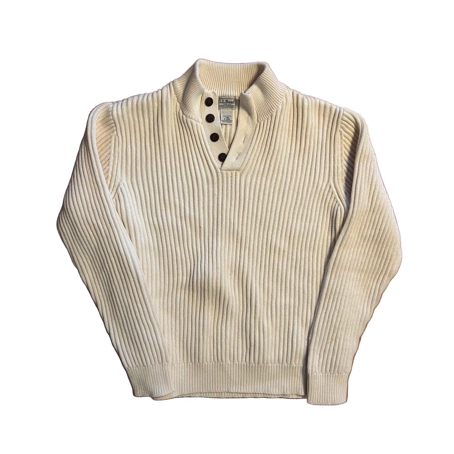 90's LL Bean Ribbed Cream Quarter Button Up Cotton Sweater - Large - 22" x 24"