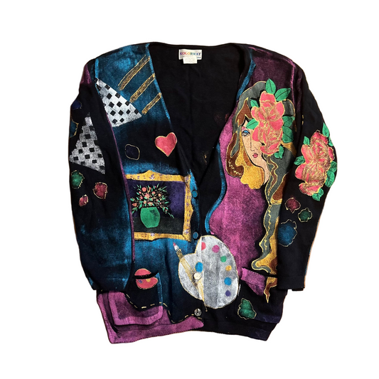 90's Kolorway Painted Cotton Cardigan Sweater - Large - 22" x 28.5"
