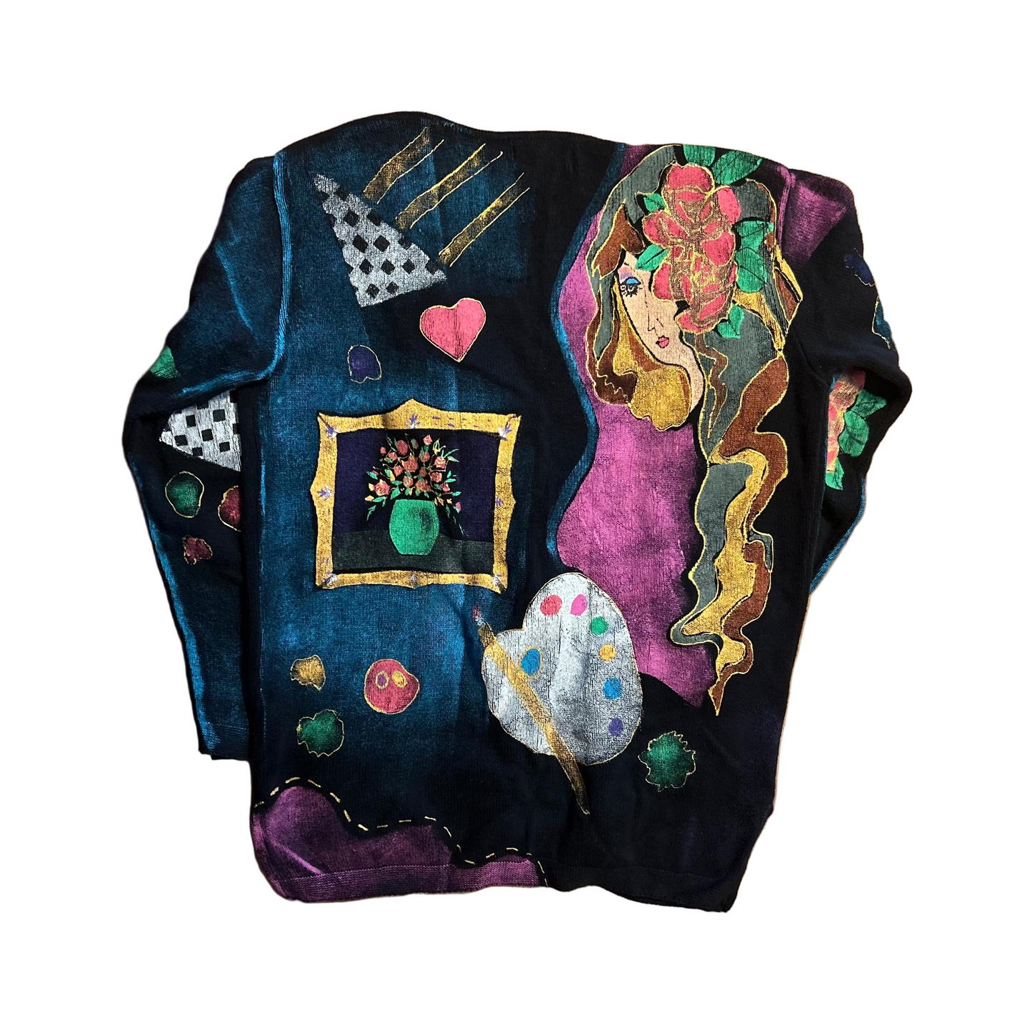 90's Kolorway Painted Cotton Cardigan Sweater - Large - 22" x 28.5"