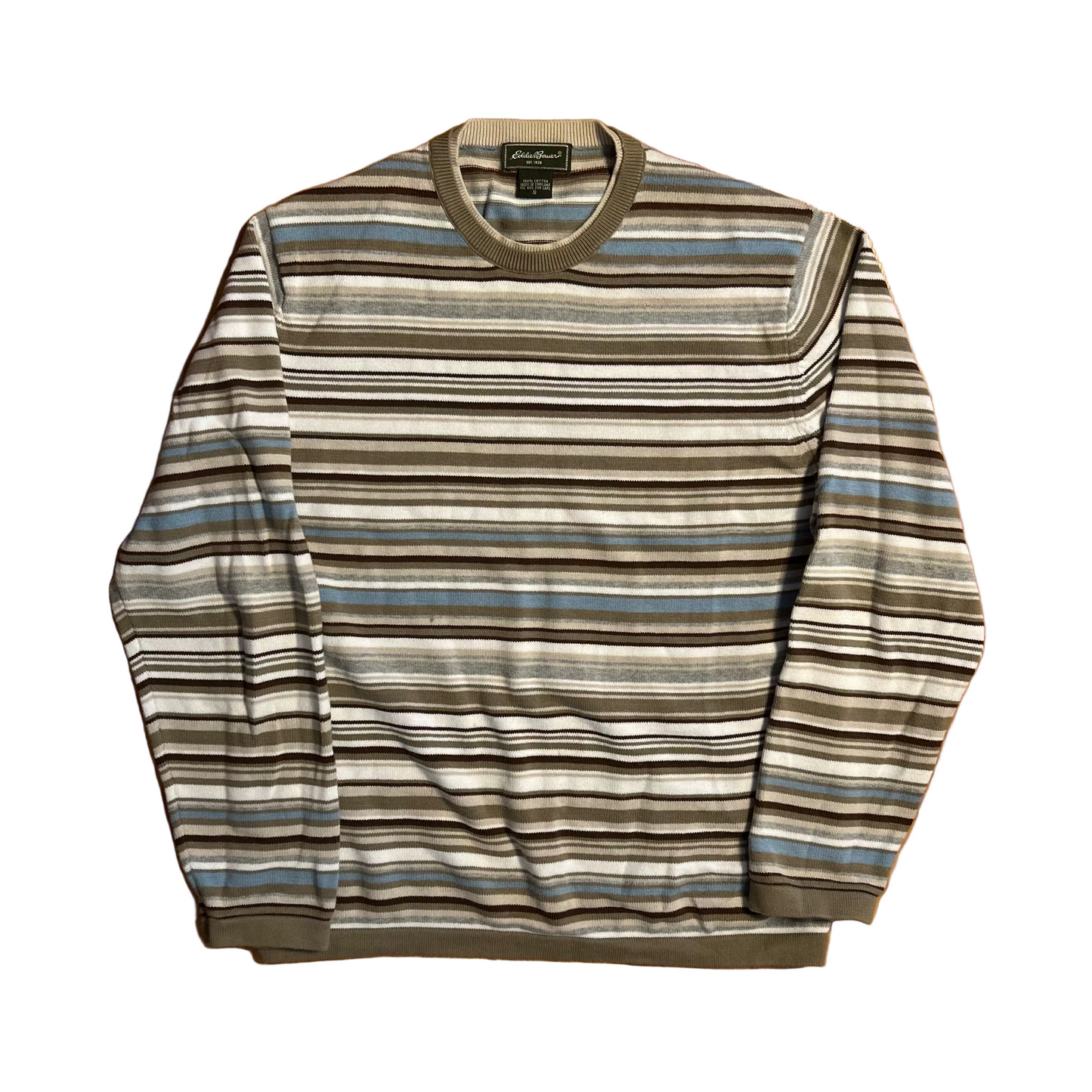 Eddie Bauer Light Blue Brown Cream Cotton Striped Sweater - Medium - 20" x 25"