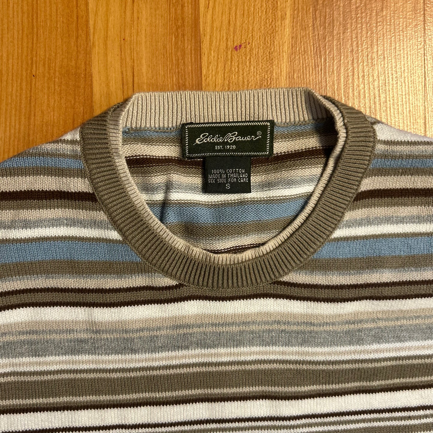 Eddie Bauer Light Blue Brown Cream Cotton Striped Sweater - Medium - 20" x 25"