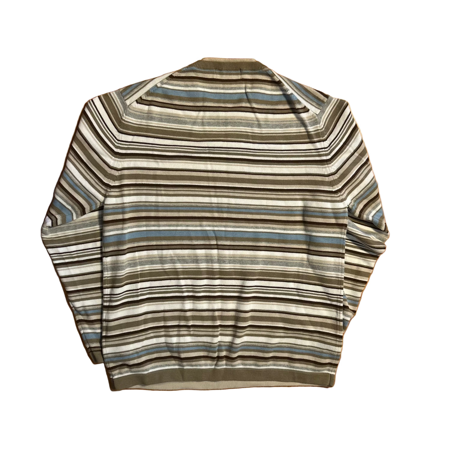 Eddie Bauer Light Blue Brown Cream Cotton Striped Sweater - Medium - 20" x 25"