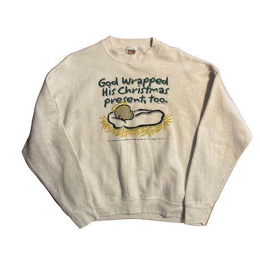 90's FOTL BEST God Wrapped His Christmas Presents White Crewneck Sweatshirt - Large - 22.5" x 25"