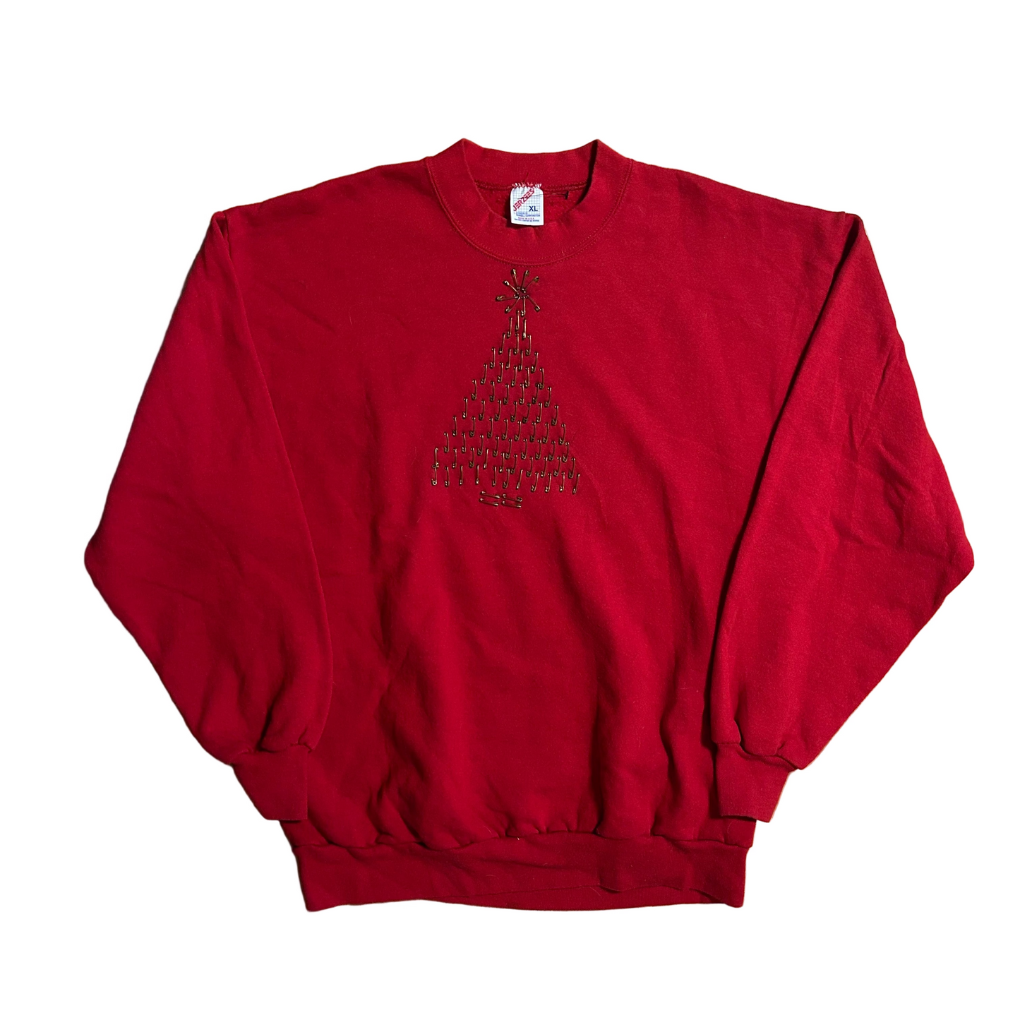 90's Jerzees Red Cotton Poly Safety Pin Christmas Tree Crewneck Sweatshirt - Large - 22" x 27"