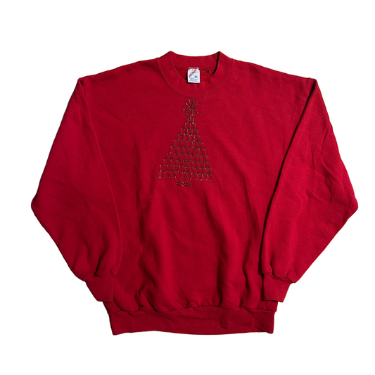 90's Jerzees Red Cotton Poly Safety Pin Christmas Tree Crewneck Sweatshirt - Large - 22" x 27"