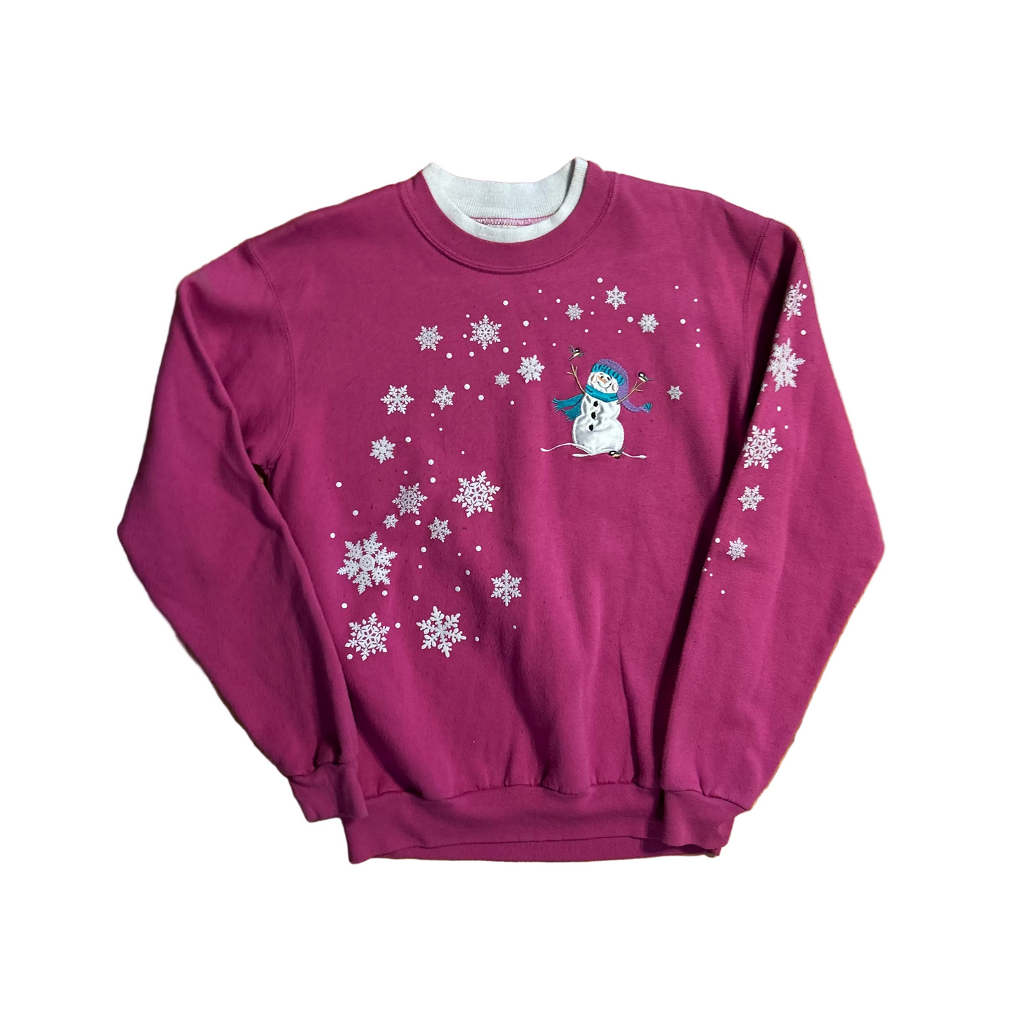 Top Stitch Pink Snowman Winter Snowflake Crewneck Sweatshirt - Medium - 20" x 25"
