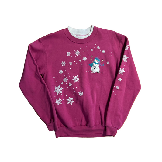 Top Stitch Pink Snowman Winter Snowflake Crewneck Sweatshirt - Medium - 20" x 25"