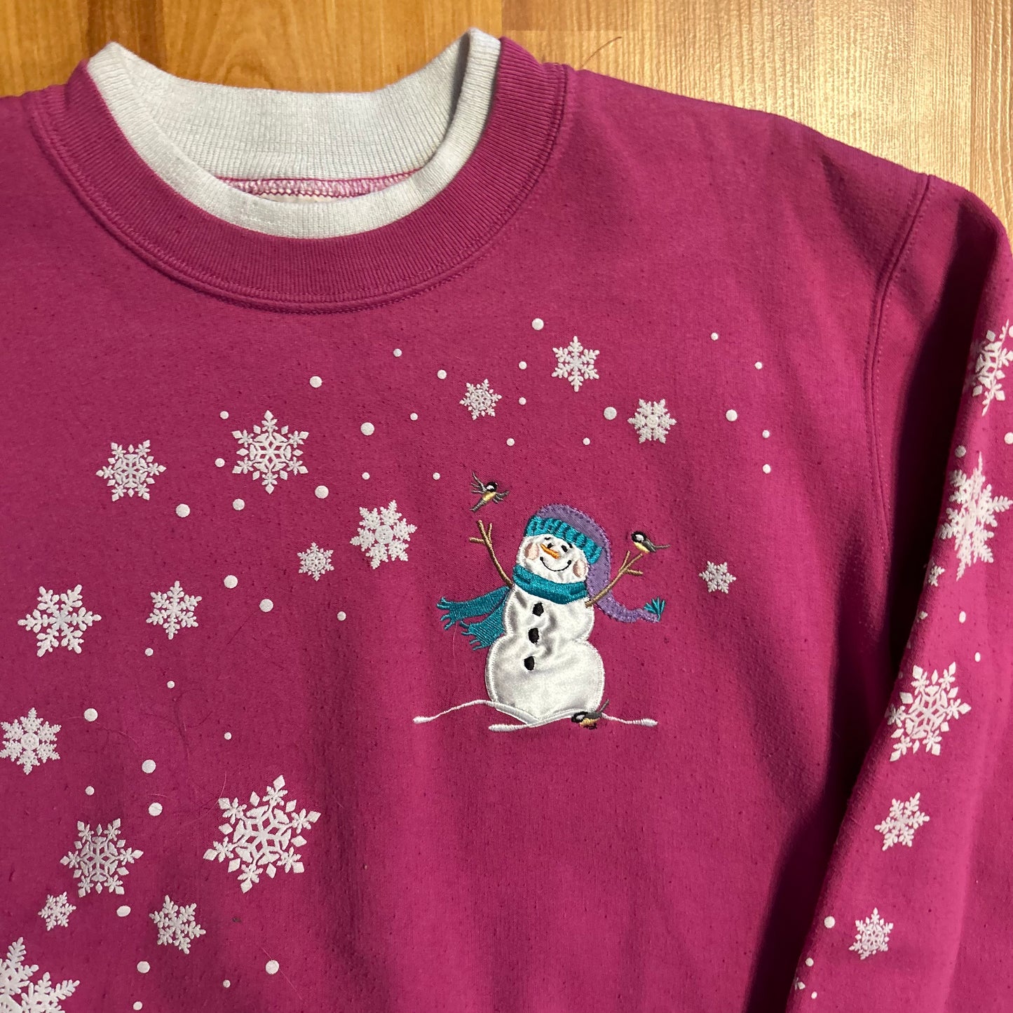 Top Stitch Pink Snowman Winter Snowflake Crewneck Sweatshirt - Medium - 20" x 25"