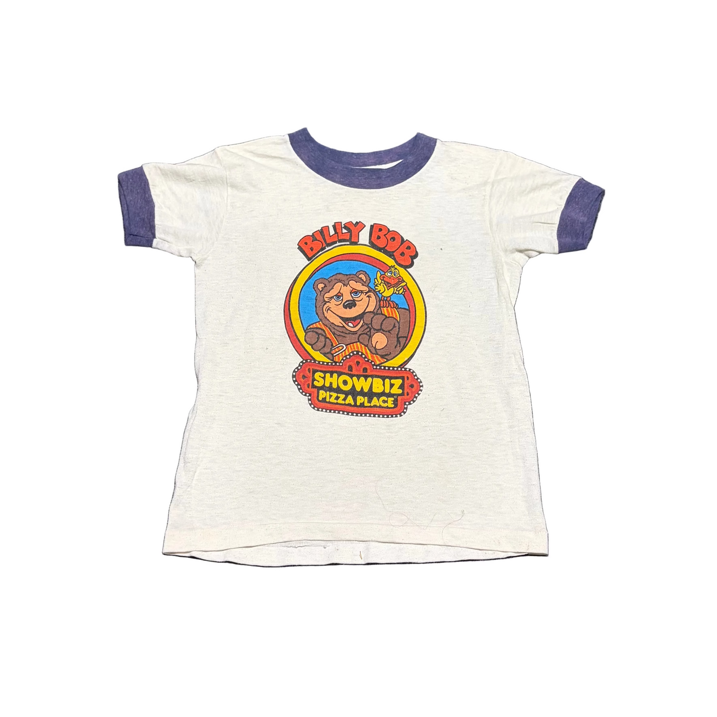 80’s DevKnit Billy Bob Showbiz Pizza Place White Blue Kids Ringer Tshirt - XSmall - 13" x 17"