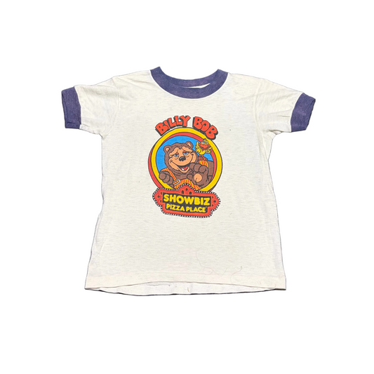 80’s DevKnit Billy Bob Showbiz Pizza Place White Blue Kids Ringer Tshirt - XSmall - 13" x 17"
