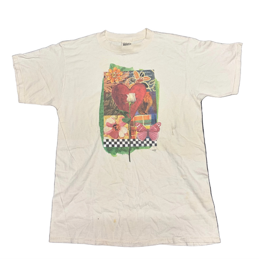 90’s Maze Flower Heart White Tshirt - Medium - 21" x 30"
