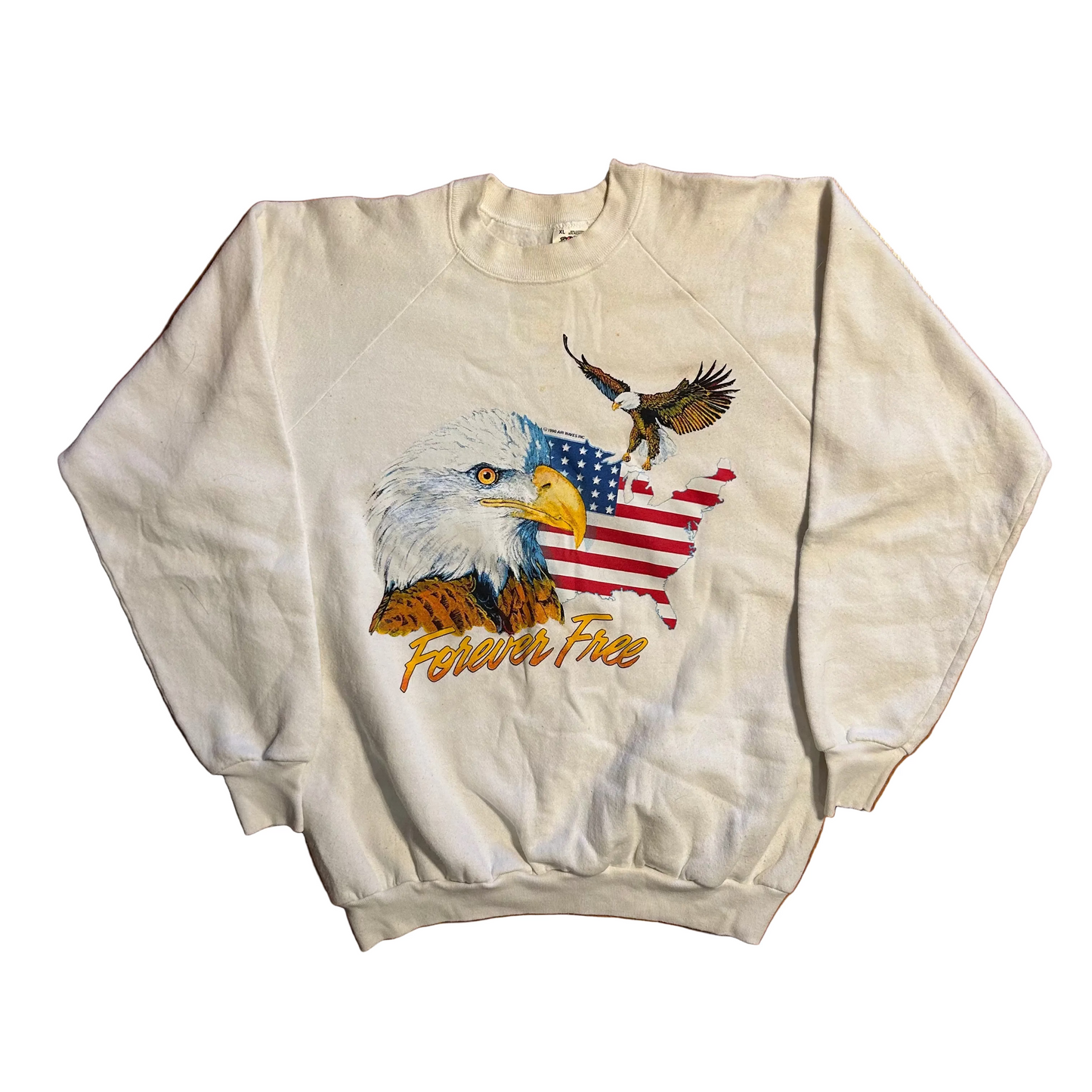 90's FOTL Forever Free Bald Eagle America White Crewneck Sweatshirt - Large - 23" x 25"