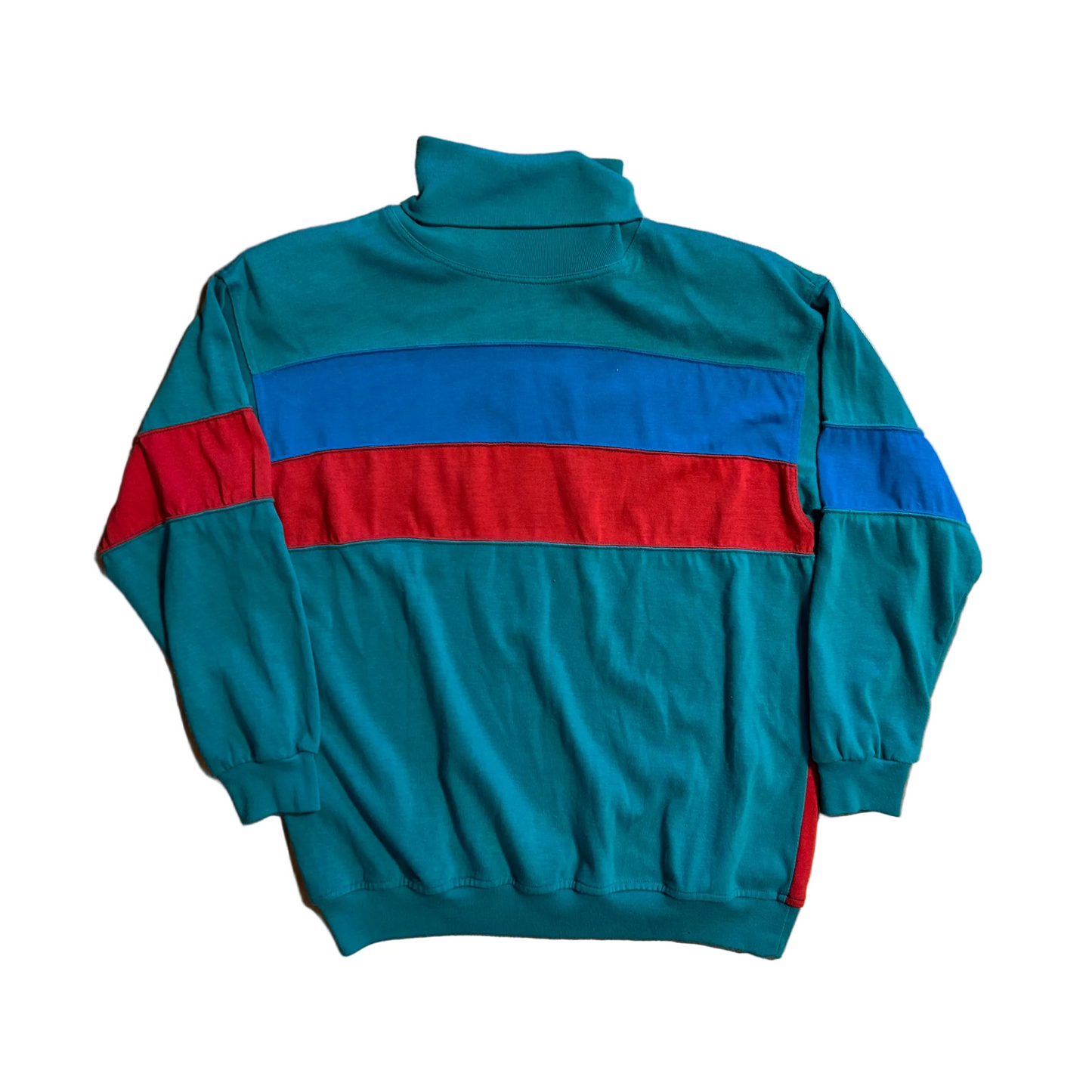 90's Gitano Color Blocked Teal Pink Turtleneck Sweatshirt - Medium - 20" x 23"