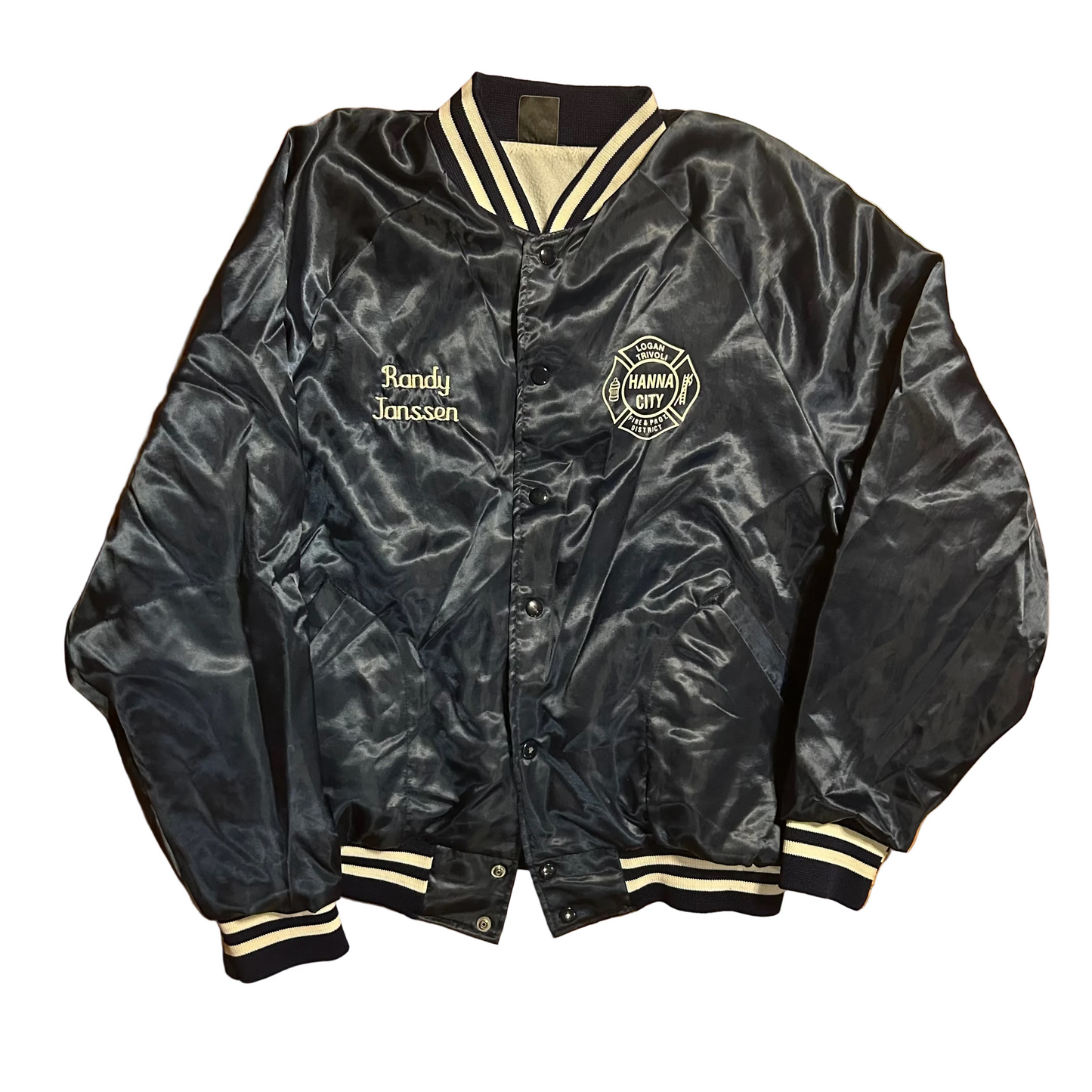 80’s Aristo Jac Fire Department Blue Satin Bomber Jacket - XLarge - 27" x 26"