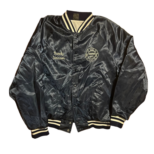 80’s Aristo Jac Fire Department Blue Satin Bomber Jacket - XLarge - 27" x 26"