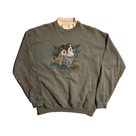 90's Pleasant Shade Green Bassett Hound Double Collared Crewneck Sweatshirt - XLarge - 24" x 28"
