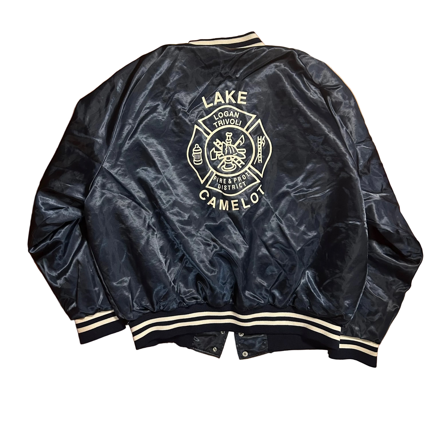 80’s Aristo Jac Fire Department Blue Satin Bomber Jacket - XLarge - 27" x 26"